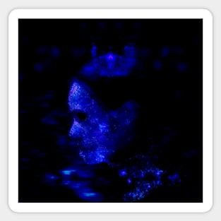 Portrait, digital collage and special processing. Woman in higher state of energy level. Blue and violet. Sticker